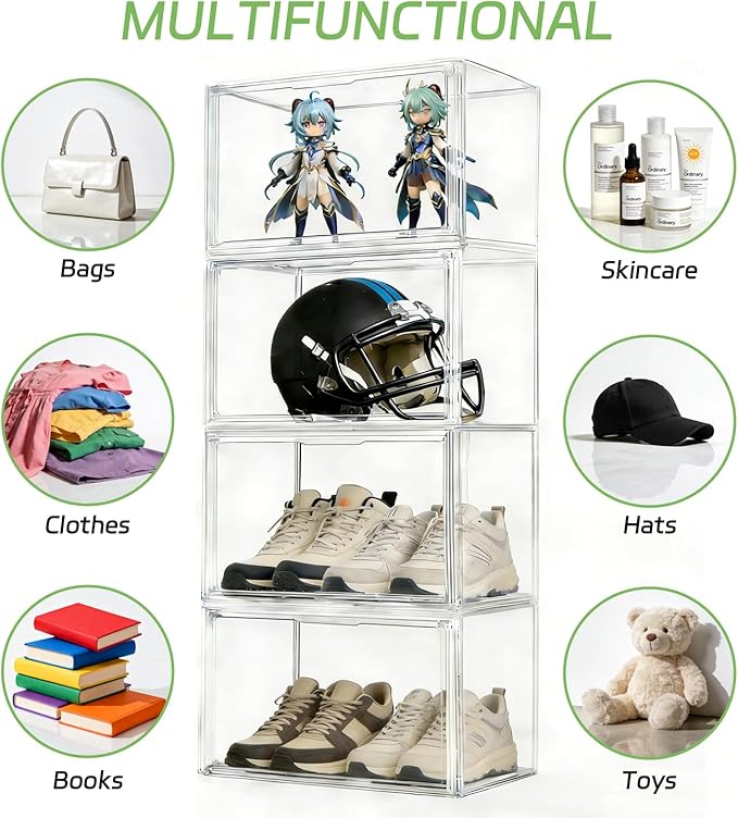 Extra Large 17.7" x 13" x 13" Clear Stackable Storage Bins, Acrylic Display Case with Magnetic Lids, Football & Motorcycle Helmet Showcase, Basketball, Sports Memorabilia Organizer (2 Pack)
