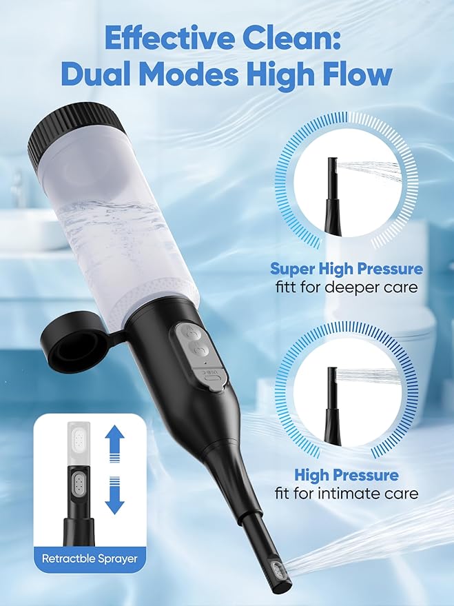 Portable Bidet for Travel – Electric Peri Bottle with Dual Spray Modes, 360° Nozzle, Water Bottle Adapter, USB Rechargeable, Waterproof, Travel Bidet for Postpartum & Personal Hygiene