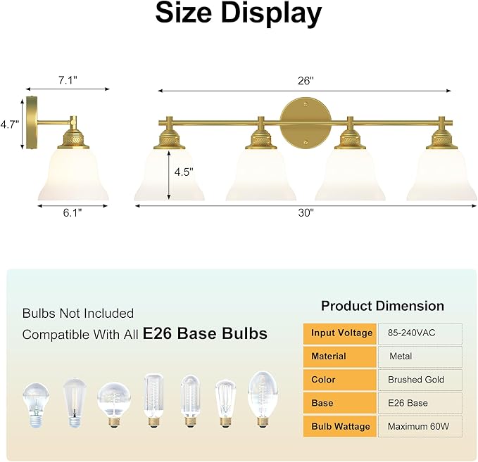 Gold Bathroom Vanity Light Over Mirror - 4 Light Wall Sconce with Frosted Glass Shades, Mid Century Farmhouse Bathroom Light Fixtures for Bedroom, Hallway (Gold Finish)