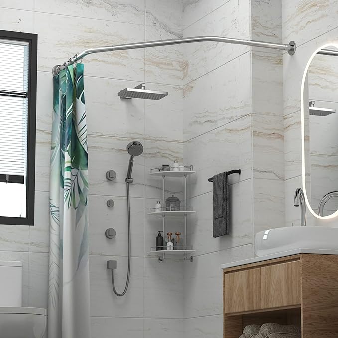 Corner Shower Curtain Rod Adjustable Stainless Steel Diamond Shaped Rack Drill Free Install for Bathroom, Bathtub, Clothing Store (Diamond Shaped, Both Sides: 17"-25.6",Middle:20"-26)