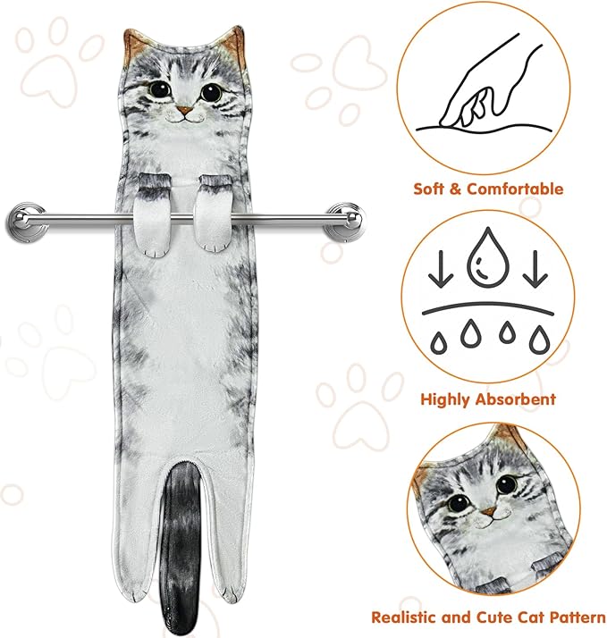 PAT JUUMG Funny Cat Hand Towels for Bathroom Kitchen Decor Towel,Cute Decorative Hanging Face Towels,Super Absorbent Soft, Housewarming Gift,Cat Lovers Gifts for Women (Grey Cat)