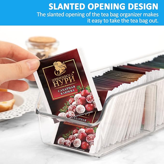 Tea Bag Organizer, Tea Bag Holder Box Storage Bin, Clear Tea Packet Plastic Drawer, Sugar Packet, Coffee, Condiment, Spice Bag Holder for Kitchen Cabinet, Countertop, Fridge