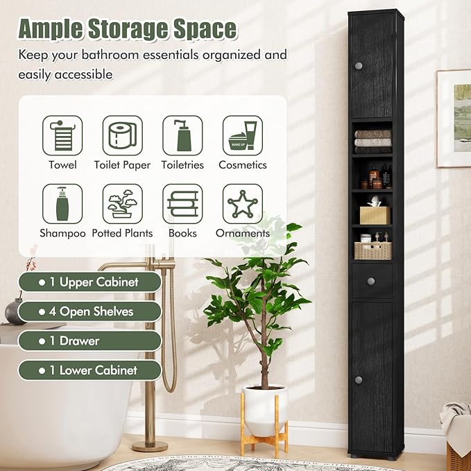 LDAILY 71”Tall Narrow Storage Cabinet, Skinny Bathroom Storage with 1 Drawer, 2 Doors, 5 Adjustable Shelves and Anti-Tipping Device, Wooden Slim Bathroom Cabinet for Office, Kitchen, Small Space