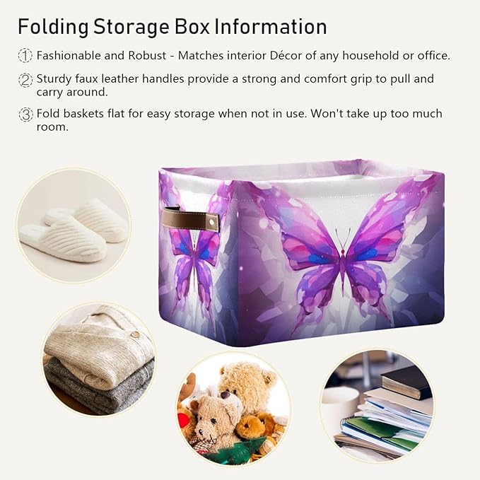 Storage Basket Purple Butterfly Rectangular Collapsible Canvas Shelves Storage Bins with Leather Handles for Shelves Home Closet Bedroom Living Room, 1Pack