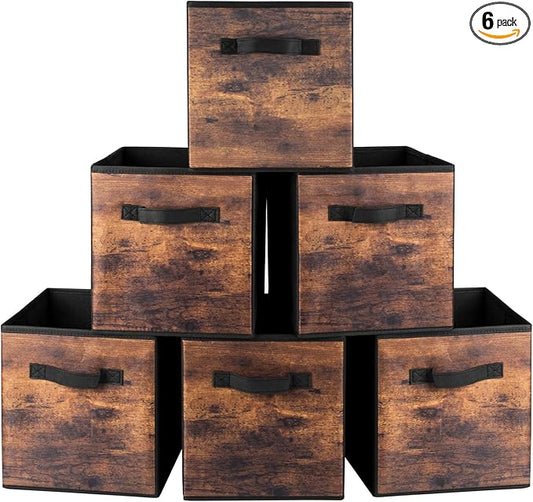 EWES 11 Inch Fabric Storage Cubes, 6 Pack Foldable Storage Bins with Handle, Storage Baskets Box for Shelves, Closet, Organizer, Brown Black