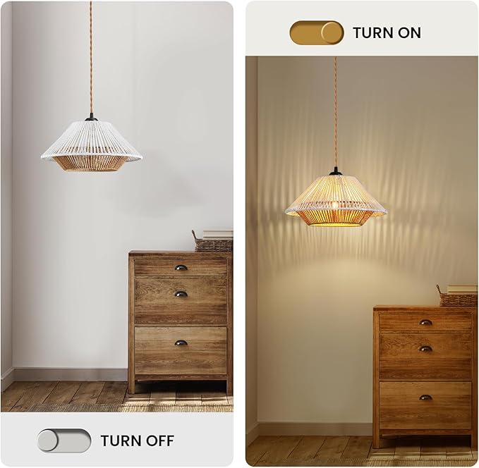 Boho Plug in Hanging Light - 12.7 Inch Rattan Plug in Pendant Light Dimmable Wicker Bamboo Woven Lampshade Hanging Lamp for Bedroom Living Room Farmhouse