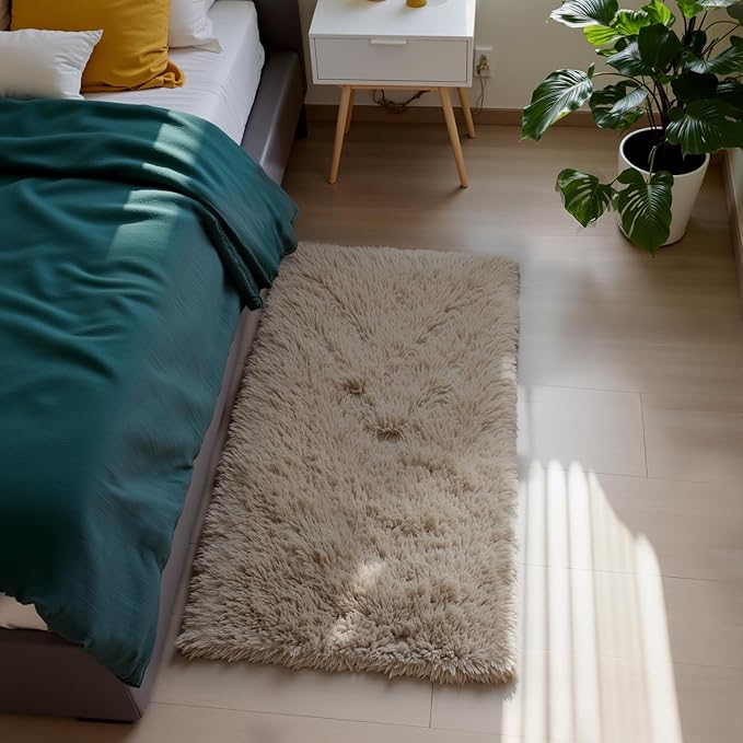 Fluffy Rug Shaggy Area Rug, Beige 3x5 Area Rugs for Bedroom, Small Bedside Rug, Soft Fluffy Shaggy Entryway Throw Rugs for Living Room Bedroom Kids Room Home Decor