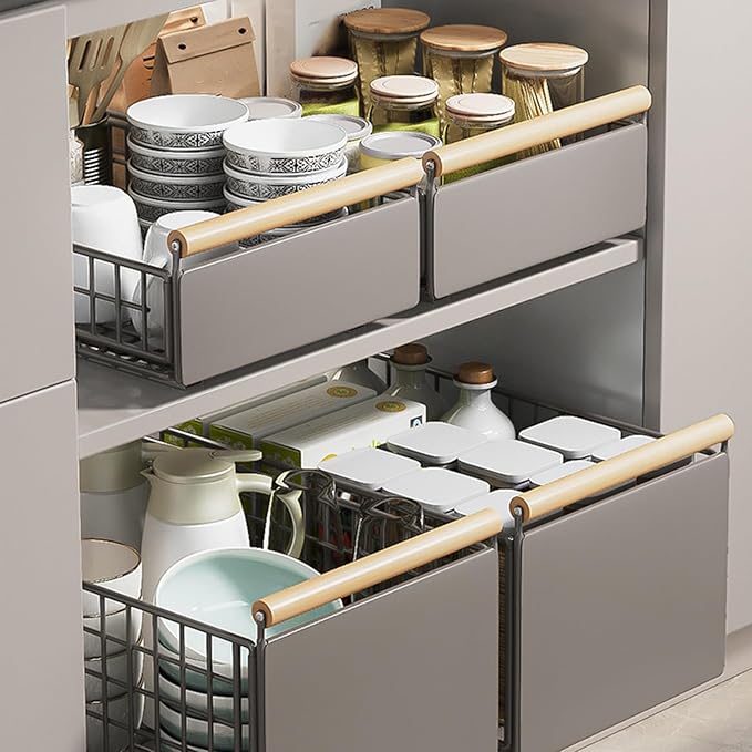 Pull Out Cabinet Sliding Basket, Under Sink Mesh Drawer Organizer with Handle, Metal Kitchen Bathroom Organization Shelf, Countertop Pantry Storage Shelves with Adhesive Nano Tape (Gray, L)