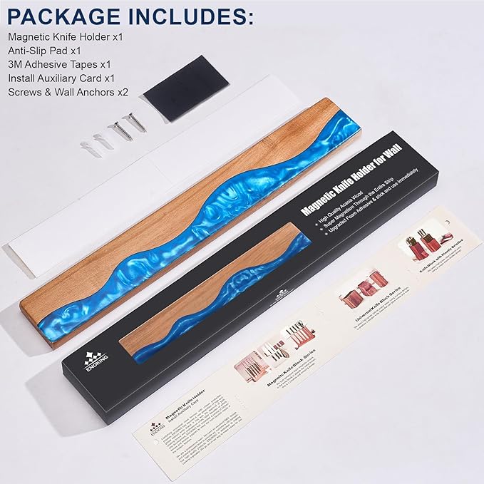 ENOKING 16 Inch Magnetic Knife Holder for Wall, Acacia Wood & Blue Resin Magnetic Knife Strip, Powerful No-Drill Adhesive or Screws Mount, Kitchen Knife Bar Storage Rack