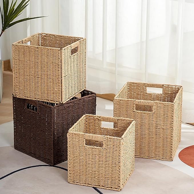 10.5x10.5'' Set of 5 Cube Storage Baskets, Natural Paper Rope Multipurpose Collapsible Organizers, Woven Laundry Totes for Laundry, Storage Cubes,Wicker Baskets Laundry Organizer Totes for Home