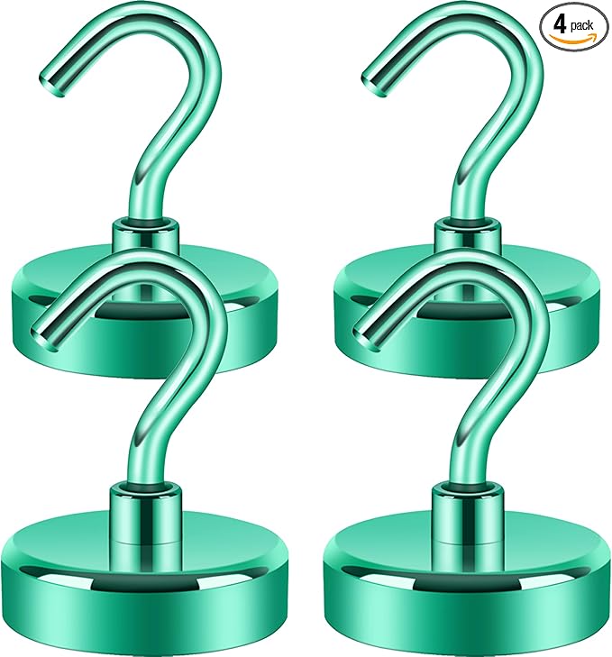 Neosmuk Magnetic Hooks Heavy Duty,Strong Magnet with Hook for Fridge, Super Neodymium Extra Strength Industrial Hooks for Hanging, Magnetic Hanger for Toolbox, Cruise, Grill(Green,4 Pack)