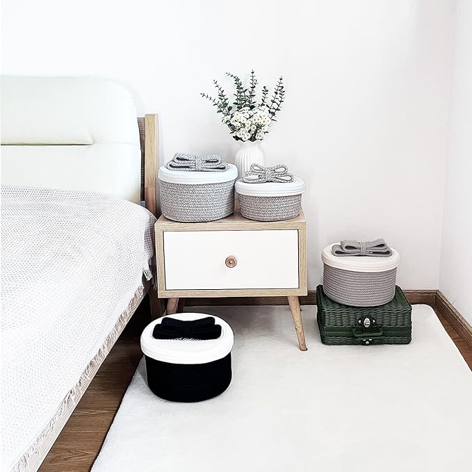 Small Decorative Baskets with Lids, Woven Rope Storage Basket with Lid for Home Decor; Small Boho Storage Basket, Bin and Box for Living Room, Bathroom, Bedroom or Shelf (black)