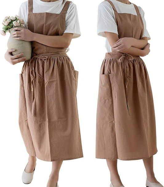 VLZUFE Women Cotton Linen Cross Back Apron with Pockets for Gardening Works Pinafore Dress