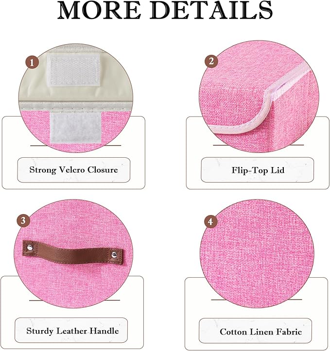 2PCS Collapsible Storage Boxes Baskets with Lid Cotton Linen Fabric Storage Bins with Faux Leather Handles Washable Cube Organizer Container for Home Closet Bedroom (Pink, Large Size)