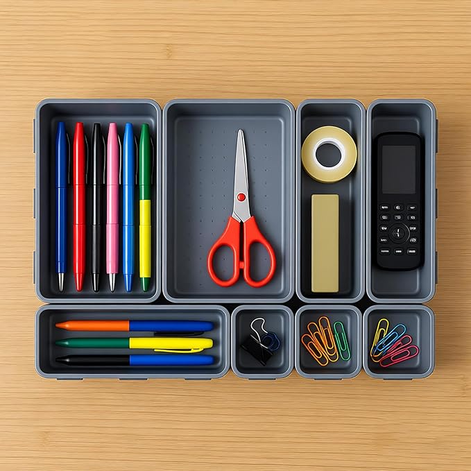 U-KIME Desktop Storage Box ,Tabletop Clutter Organizers For Cosmetics, Stationery, Kitchen Utensils, Office Supplies & Small Items(Light gray / 8-Piece set)