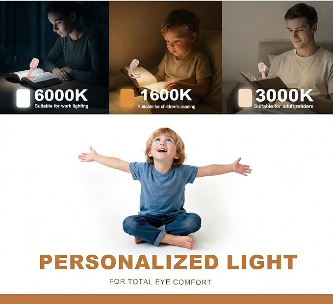 Rechargeable Kids Book Light, Cute Bookmark Reading Light for Kids, Dimmable Portable LED Book Light for Reading in Bed, Eye-Caring Bedtime Reading Lamp for Children & Travel, Light Pink