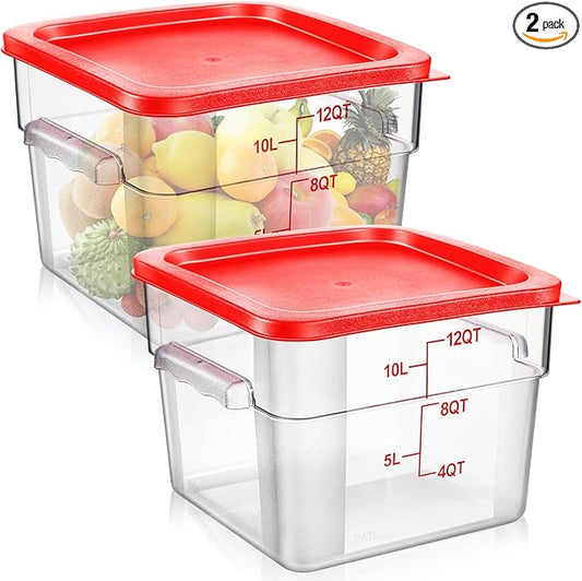 Suclain 2 Pcs Square Food Storage Container Polycarbonate Clear Food Container with Lid Commercial Rice Storage with Graduations for Commercial Kitchen(12 Qt,Red)