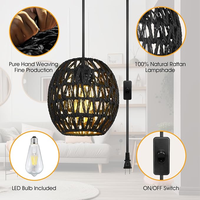 SLYYMY Plug in Pendant Light, 15FT Hemp Rope Cord, Hanging Lamps Rattan Pendant Light, On/Off Switch Hanging Lights for Bedroom Living Kitchen Black
