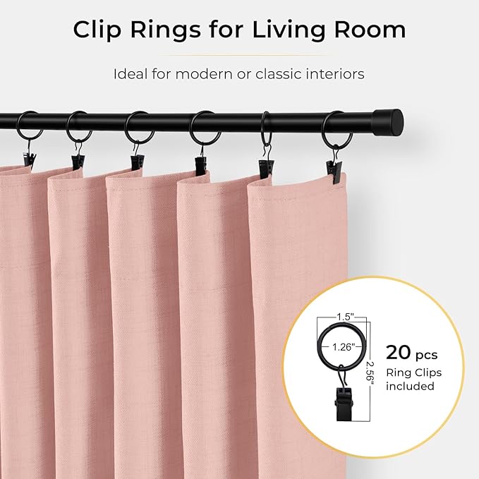 INOVADAY 100% Blackout Curtains for Bedroom, Black Out Curtains 108 Inch Long, Clip Rings Linen Blackout Drapes, Thermal Insulated Room Darkening for Living Room, 1 Panel - Blush Pink,W102xL108