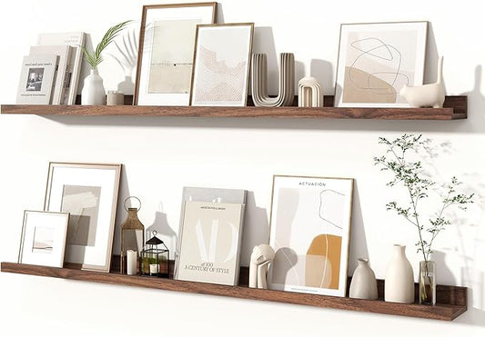 Fun Memories Picture Ledge Shelves Set of 2, 48 Inch Rustic Wall Mounted Floating Shelves with Lip for Home Storage and Décor in Bathroom, Kitchen, Nursery, Bedroom, Living Room, Walnut