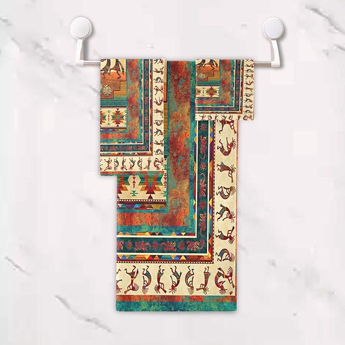 Kokopelli Bath Towels Set,Absorbent Soft 3 Piece Southwest Native American Ethnic Tribal Towels for Bathroom,1 Bath Towel 1 Hand Towel 1 Washcloth,Decoractive Guest Bathroom Towels,Brown