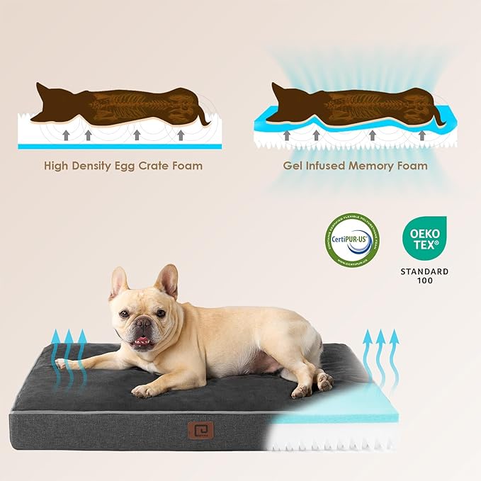EHEYCIGA Memory Foam Dog Bed Orthopedic 41"x27"，Waterproof Pet Bed for XLarged Dogs ，Washable Pet Mat with Removable Cover, Dark Grey