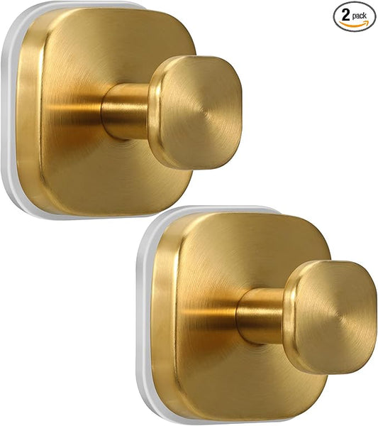 Suction Cup Hooks for Shower - Reusable No-Drill Mounting - Hooks for Towels, Robes & Loofah on Metal, Glass, Mirrors, Tile & Smooth Non-Porous Surfaces (2, Brushed Gold)
