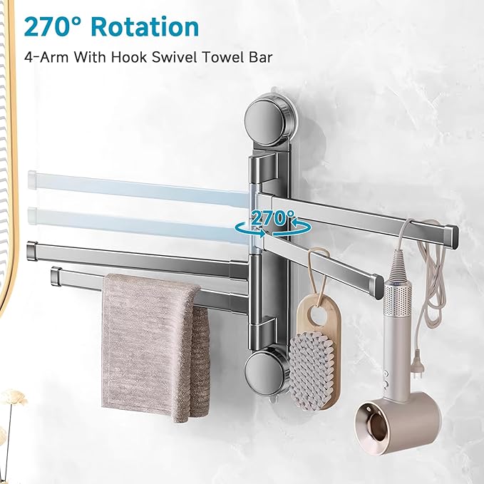 Suction Cup Towel Rack,Space Saving Wall Mounted Swivel Towel Holder, SUS304 Stainless Steel 4-Arm No Drilling Towel Bar for Bathroom, Kitchen-Grey