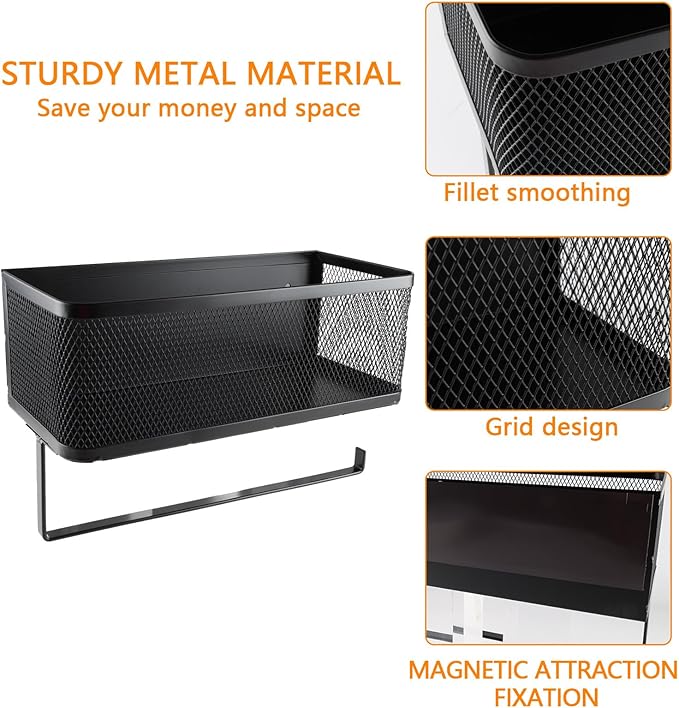 2 Tier Magnetic Paper Towel Holder Wall Mount for Fridge,Metal Mesh Magnetic Spice Rack with Paper Towel Rack Storage Organizer Refrigerators Shelf,No Drilling Removable for Kitchen,Bathroom