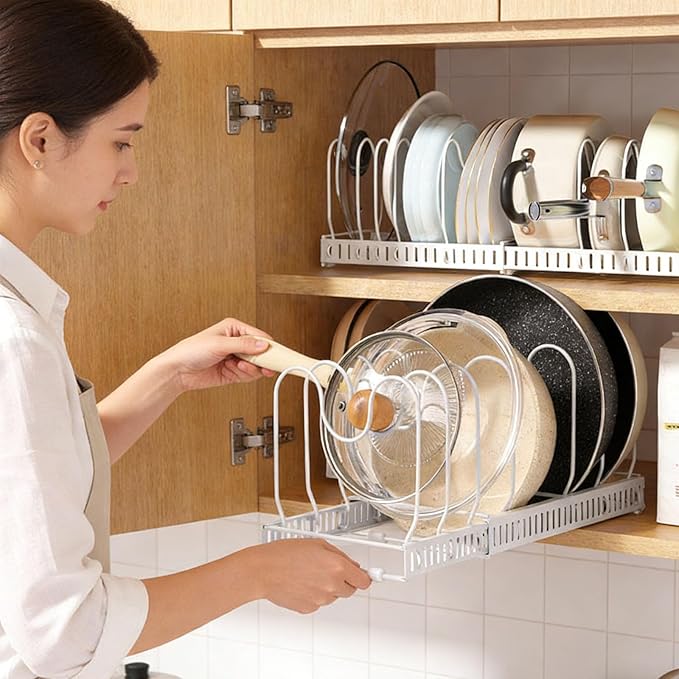 Expandable Pot and Pan Organizer Rack with 10 Adjustable Compartments, White Kitchen Cabinet Organizer for Lid, Bakeware, Cutting Board, Pantry & Countertop Storage