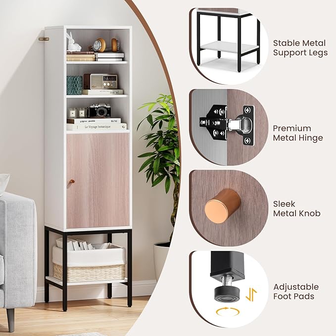Giantex 57” Tall Bathroom Storage Cabinet, Floor Cabinet with Door, Adjustable Shelves & Foot Pads, Metal Legs, Anti-Tipping Kit, Slim Bathroom Storage Unit for Living Room, Kitchen (White)