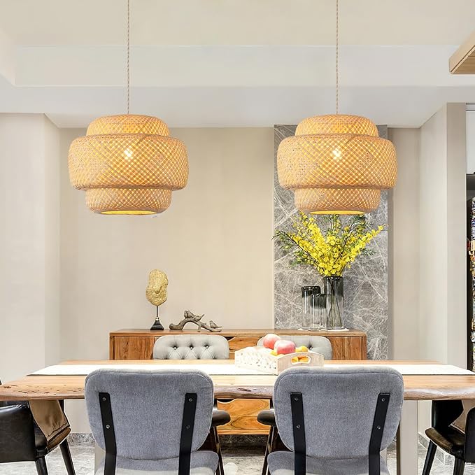 Bamboo Large Plug in Pendant Light with 14ft Handmade Woven Light Cord, Dimmable Switch, Boho Basket Handmade Woven Hanging Lamp for Kitchen Island Farmhouse Dining Room Living Room,16 inch Width