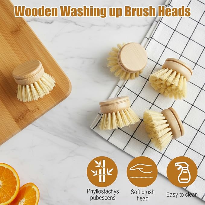 10 Pcs Bamboo Dish Brush Replacement Heads, Bamboo Dish Scrubber Soft Sisal Bristle Scrubber for Kitchen Room Cleaning Supplies
