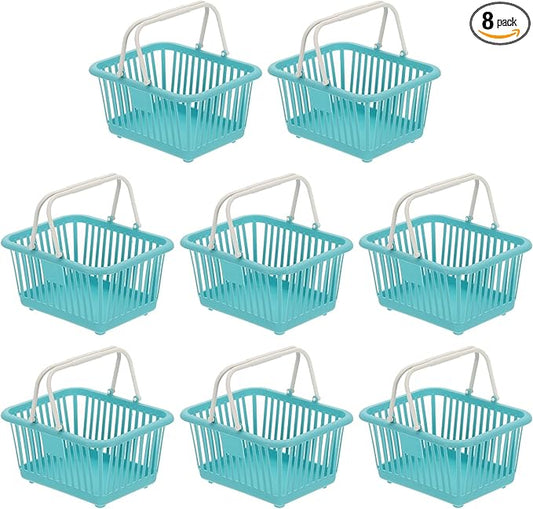 PATIKIL 8PCS Small Plastic Basket,Mini Storage Basket Grocery Tiny Shopping Baskets with Handle Organizer Filtered Water for Organizing Toys Fruits Veggies Snacks, Cyan