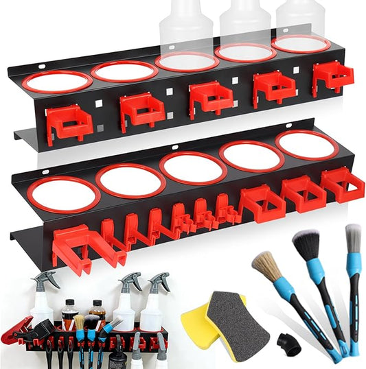 Spray Bottle Holders for Car Detailing, 22Pcs Heavy-Duty Wall Mounted Steel Rack Set with Clips Hooks & Brushes, Garage Van Workshop Organizer for Aerosol Cans, Van, Workshop, Garden Tools