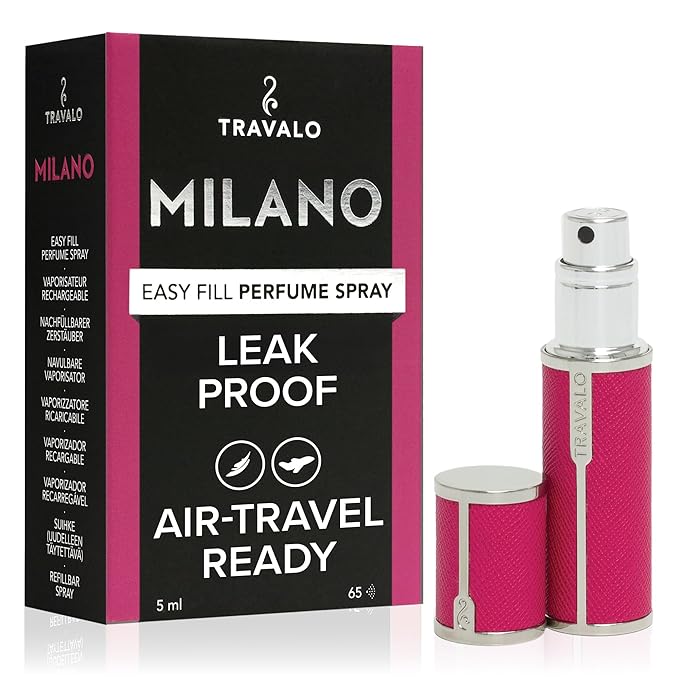 Milano Perfume Atomizer - Leak-Proof and TSA Approved for Air Travel - Reusable, Airtight, Easy Fill Mini Pump Sprayer - Lightweight Vegan Leather with Polished Metal Outer Shell - Hot Pink