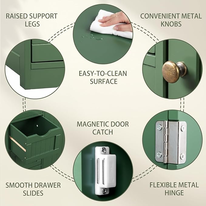 Karl home Freestanding Bathroom Floor Cabinet, Narrow Slim Skinny Storage Unit with 4 Drawers & 1 Cupboard, Towel Organizer for Bathroom, Compact Bath Storage, Forest Green