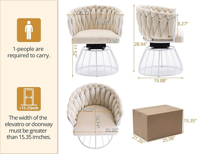 Mistpeople Swivel Weave Accent Chair, Velour Upholstered Modern Chair with Woven Tufted Backrest for Living Room, Bedroom, Vanity, Beige
