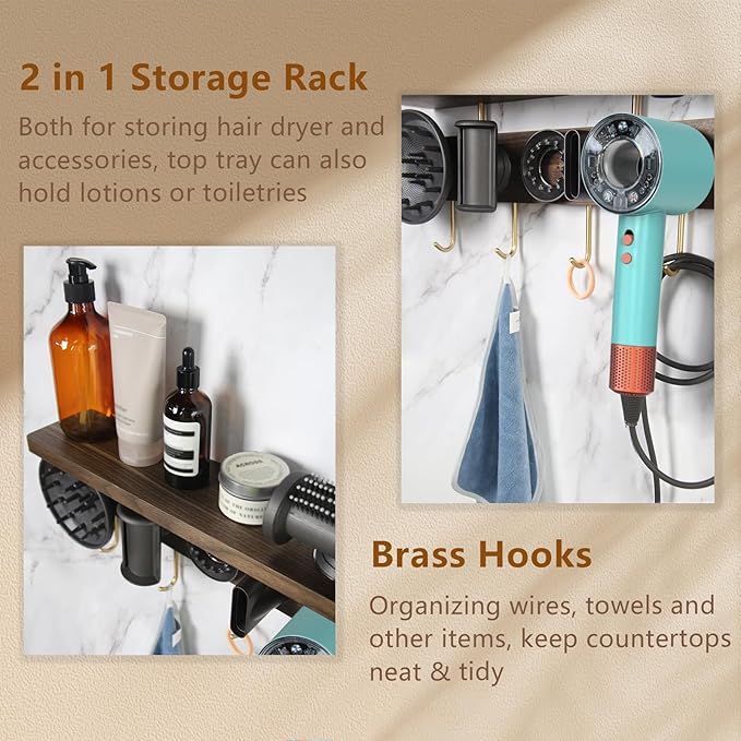 Affogato Hair Dryer Holder Wall Mount Compatible with Dyson Supersonic, Blow Dryer Accessories and Attachments Organizer Storage Rack, Wood