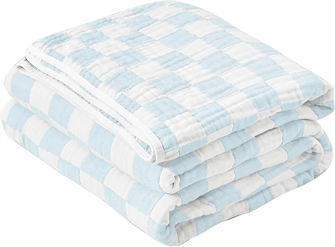 SANACYNA Muslin Blanket King 100% Cotton 6-Layer Gauze Sky Blue Grid Bed Blanket Lightweight Soft and Breathable Blanket for Sofa Couch Bed Coverlet Both Sides (Sky Blue, King 90" X 104")