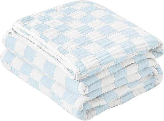 SANACYNA Muslin Blanket King 100% Cotton 6-Layer Gauze Sky Blue Grid Bed Blanket Lightweight Soft and Breathable Blanket for Sofa Couch Bed Coverlet Both Sides (Sky Blue, King 90" X 104")
