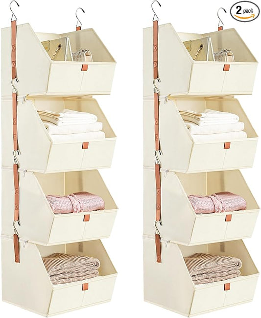 4 Tier Hanging Closet Organizer,Disassemblable Clothes Hanging Shelves,Fabric Closet Organizer System for Space-Saving,Foldable Storage Basket for Bedroom, Rv (2 Pack,Beige)