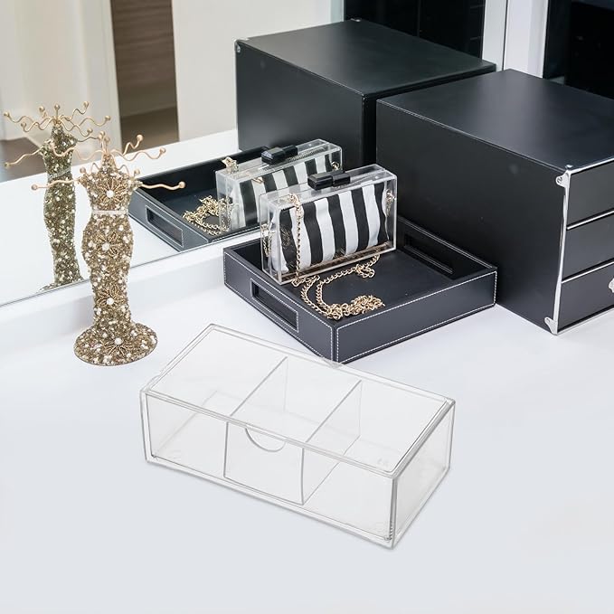DOITOOL Acrylic Hair Tie Organizer Box with 3-grids Drawer Type Storage Container Stackable Hair Bands Organizer for Bathroom Vanity and Desktop Makeup Storage