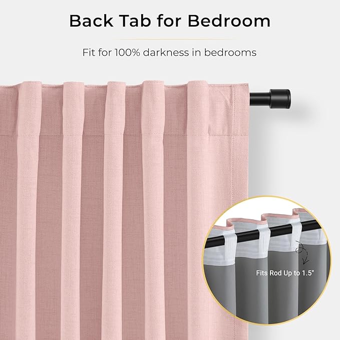 INOVADAY 100% Blackout Curtains for Bedroom, Black Out Curtains 90 Inch Long, Clip Rings Linen Blackout Drapes, Thermal Insulated Room Darkening for Living Room, 2 Panels - Baby Pink,W50xL90