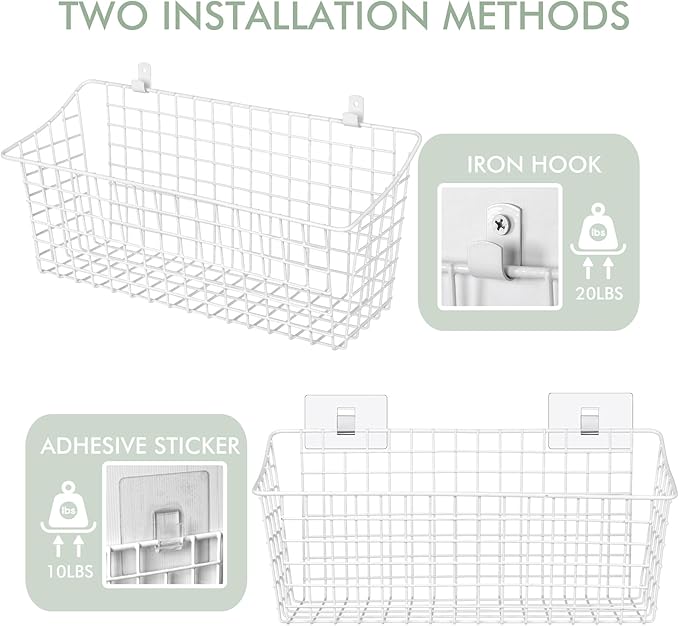 Large Wall Hanging Baskets - 2 Set Rustproof Rubber Coating Wall Shelving Organizers - Metal Wire Basket Storage No Drill Adhesive Wall Mount for Shower Kitchen Laundry Pantry Cabinet RV (White)