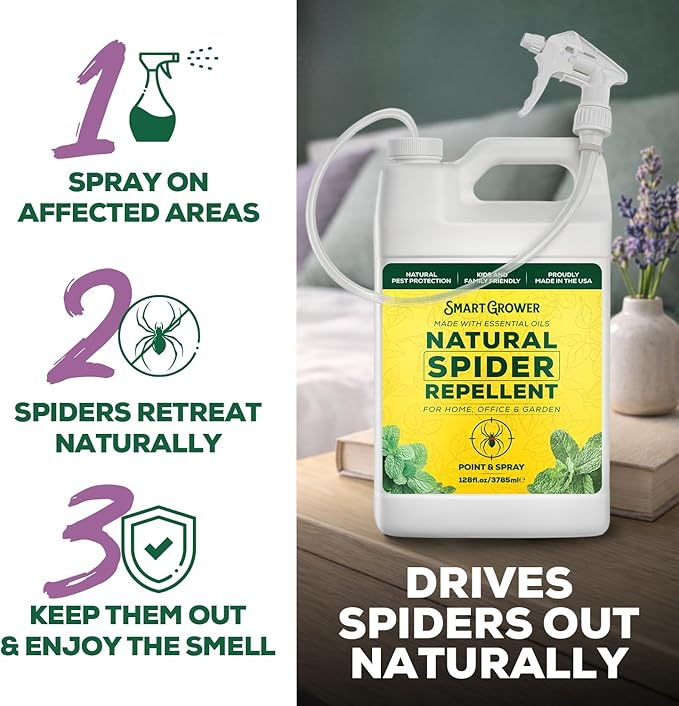 Natural Spider Repellent Spray – Indoor Spider Spray with Peppermint & Lavender, Family & Pet Friendly – Fresh Scent Spider Remover for Bedrooms, Bathrooms, Garage, and More, Spray Trigger Gallon