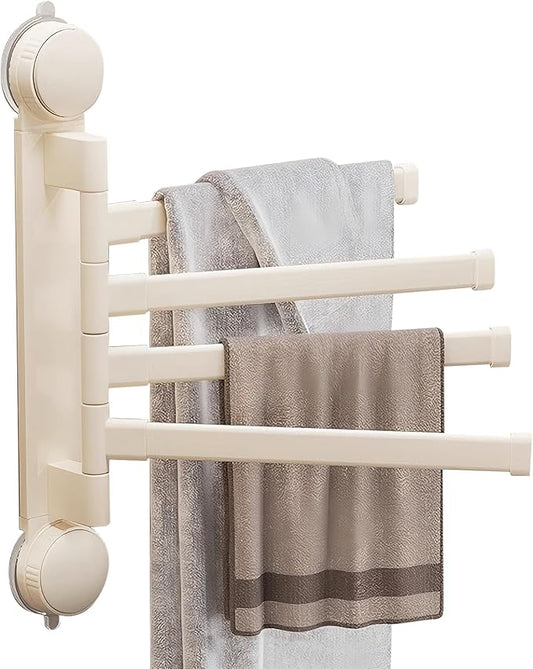 Suction Cup Towel Rack,Space Saving Wall Mounted Swivel Towel Holder, SUS304 Stainless Steel 4-Arm No Drilling Towel Bar for Bathroom, Kitchen-White