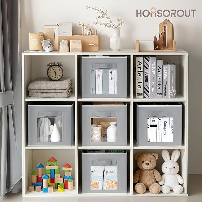 Storage Cube 11 Inch - Cube Storage Bins with Window, Closet Storage Baskets with Handle, Fabric Bins for Closet, Shelves, Toys, Clothes, Set of 6, Grey
