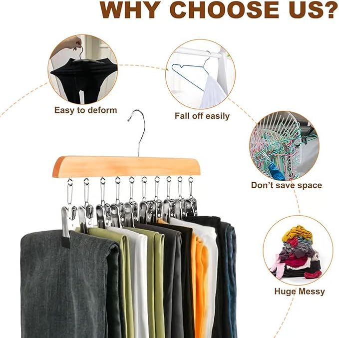 Closet Organizer with 10 Clips - Space Saving Hanging Closet Organizer, 2026 Upgraded Legging Hangers for Closet, 360° Rotating Metal Clips with Silicone Lining for Clothes (Wood, 1PC)