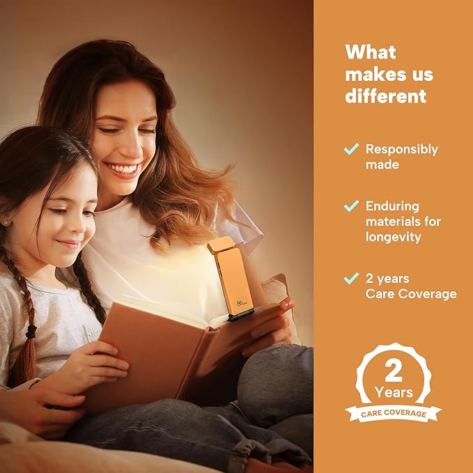 86lux Book Light, Rechargeable Reading Lights for Books in Bed, Ultralight Clip-on LED Bookmark Lamp with 3 Amber Colors & Stepless Dimming for Night Reading for Book Lovers, Kids, Papaya Orange